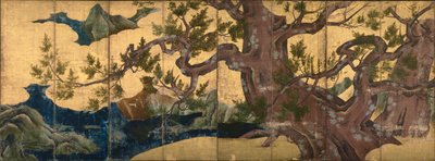 biombo com representação de um cipreste de Kano Eitoku