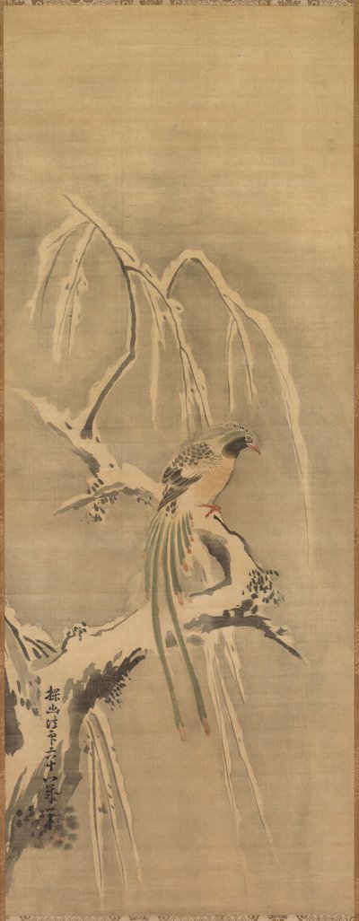 Pássaro chinês no galho carregado de neve de Kanō Tan’yū