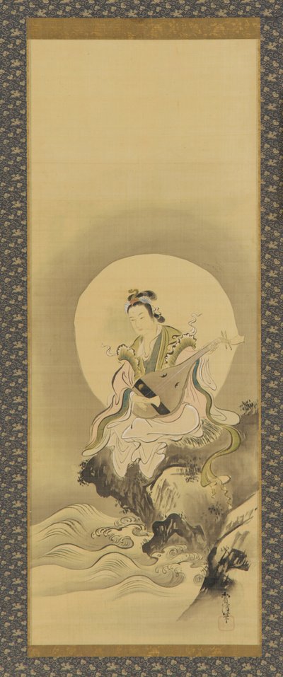 Sarasvati quaresmal sentado sobre uma rocha, período Edo, meados do século XVII - início do século XVIII. de Kanô Yôboku Tsunenobu