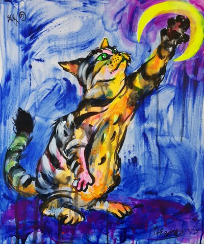 Gato colorido a alcançar a Lua de Kanat Ibragimov