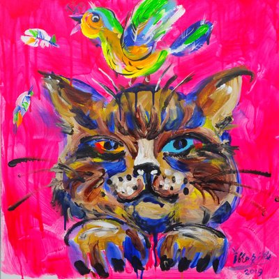 Gato colorido com um pássaro de Kanat Ibragimov