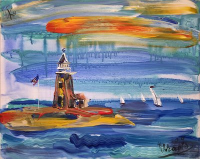 Paisagem marítima com um farol colorido de Kanat Ibragimov