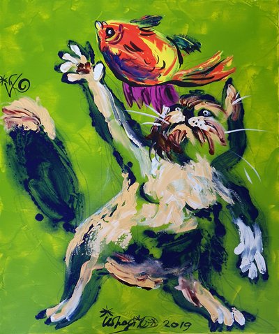 Gato brincalhão a perseguir peixes de Kanat Ibragimov