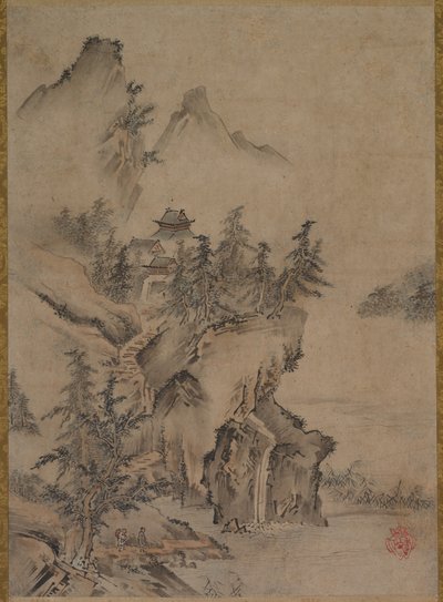 Literatus chinês viajando para um templo de montanha de Kano Hidemasa