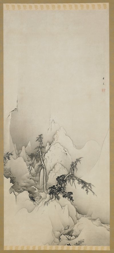 Paisagem de inverno: uma ravina, período Edo, 1883 (tinta no papel) de Kano Hogai