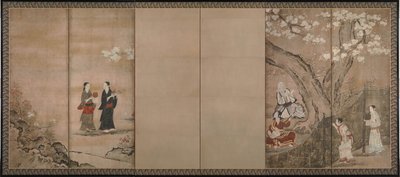 Alegria sob as flores de aronia. À direita de um par de biombos de seis seções, século XVIII de Kano Isenin Naganobu