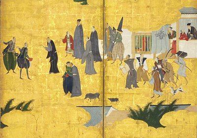 Detalhe dos bárbaros do sul chegam ao comércio, par de telas de seis painéis, início do século XVII de Kano Naizen
