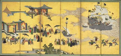 Bárbaros do Sul Come to Trade, par de telas de seis painéis, início do século XVII de Kano Naizen