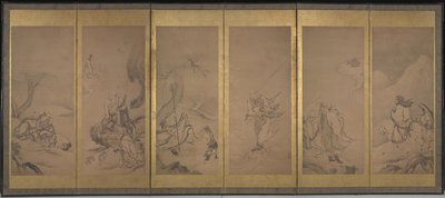 Patriarcas budistas, taoístas e confucionistas (tinta e folha de ouro sobre papel) de Kano Sanraku