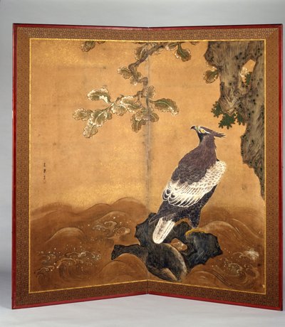 Hawk-Eagle And Oak (tinta e cor sobre papel) de Kano Sanraku