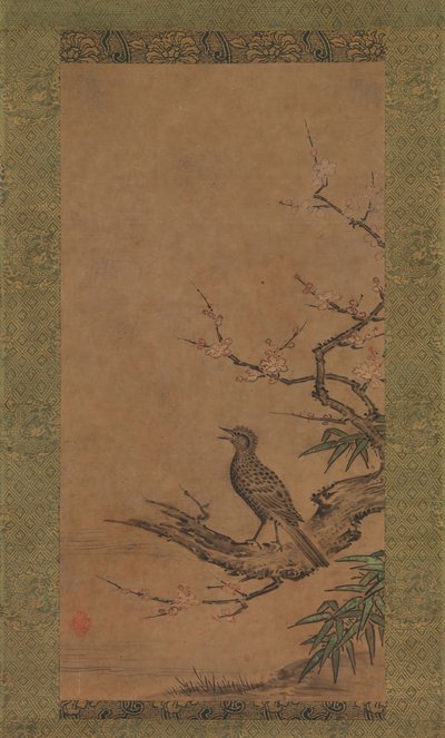 Bulbul de Orelha Castanha Hiyodori num ramo de Ameixa, de meados a finais do século XVI. de Kano Shoei
