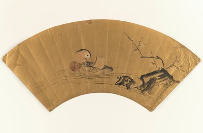 Pato mandarim e florescimento de ameixa (tinta e cor na folha de ouro) de Kano Yukinobu