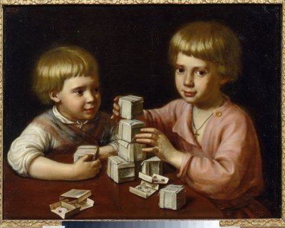 Crianças a brincar. Dois irmãos tendo feito cubos de cartas de jogo, empilhá-los sobre uma mesa. Pintura de Kapiton Stepanovich Pavlov (1792-1852), óleo sobre tela de Kapiton Stepanovich Pavlov