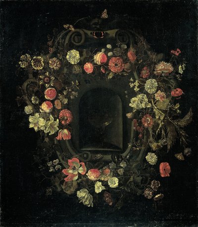Coroa de flores circundando um nicho de Karel Batist