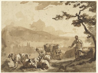 Paisagem de montanha com pastores com os seus rebanhos de ovelhas e vacas de Karel Du Jardin