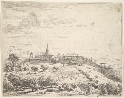 Aldeia murada em uma colina, com igreja à esquerda e edifícios construídos na encosta a ..., 1658. de Karel Du Jardin