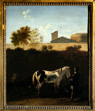 Paisagem da Itália com pintura Patres e Horse Pie de Karel Dujardin (1621-1678) (ec.holl.) 1675 Sol. 0,32x0,27 m Paris, Musee du Louvre. de Karel Dujardin