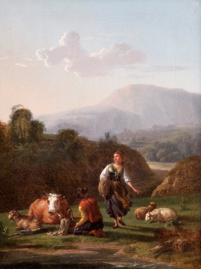 A margem do rio: Paisagem com Figuras e Gado (óleo sobre tela) de Karel Dujardin