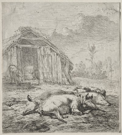 Três suínos, deitado na frente de um chiqueiro. de Karel Dujardin