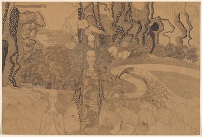 Representação alegórica com figuras e um pavão num jardim de Karel de Nerée tot Babberich (signed by artist)