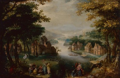 Descoberta de Moisés com um Casal Elegante, Servo e Caçador (óleo sobre madeira) de Karel van (circle of) Mander