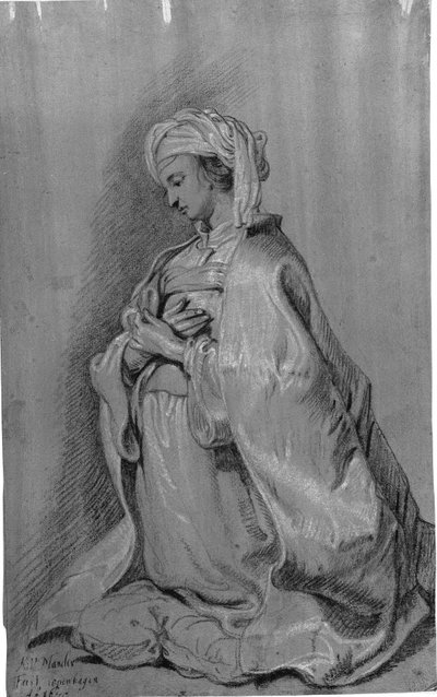 Figura ajoelhada em um travesseiro com um turbante. De frente para a esquerda. Mãos cruzadas sobre o peito. de Karel van III Mander