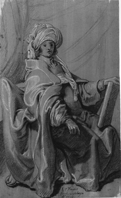 Figura sentada de capa e turbante, segurando um livro. De frente para a direita. de Karel van III Mander
