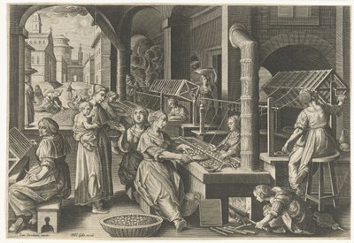 Enrolando a seda Introdução do bicho-da-seda e da produção de seda na Europa (título da série) Vermis Sericus (título da série no objeto) de Karel van Mallery