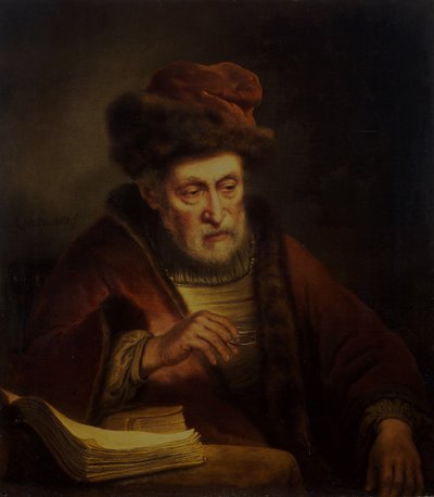Velho, segurando um par de óculos de Karel van der Pluym
