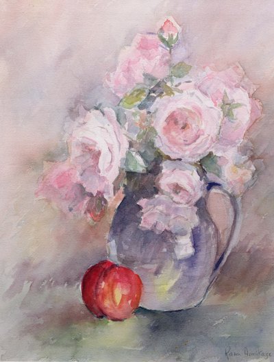 Rosas cor-de-rosa em um jarro azul, 1994 (wc) de Karen Armitage