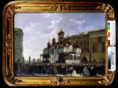 Procissão de Páscoa na Catedral de Maria Anunciação em Moscou. Pintura de Karl Petrovich Bodri (1812-1894). Óleo sobre tela, 61 x 85 cm de Karl Fridrikh Petrovich Bodri