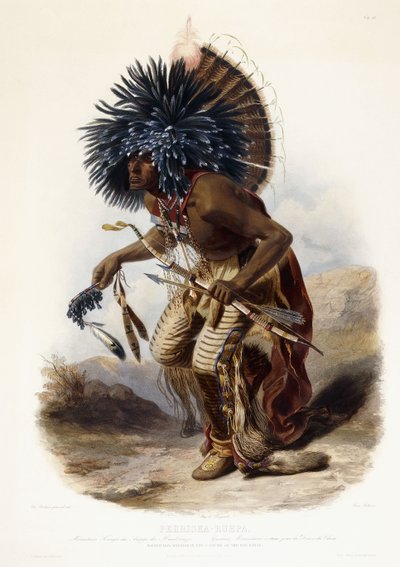 Pehriska-Rupha: guerreiro Moennitarri com o traje da dança Dog de Karl (after) Bodmer