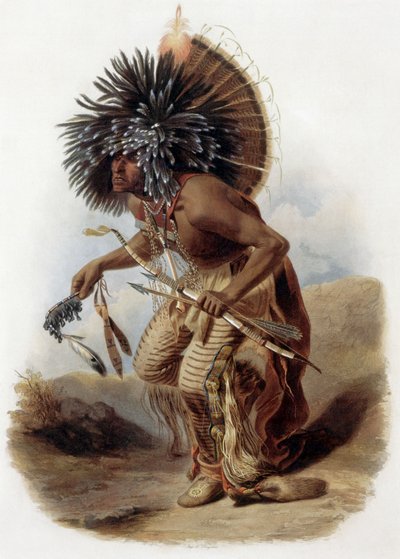 Retrato de Pehriska-Ruhpa, guerreiro Minatarre em traje de dança do cão, com um grande barrete de roupas coloridas e penas, um cachimbo feito com osso de asa de cisne, arco e flecha, gravura de René Bellet após desenho de Karl Bodmer feito durante a expedi de Karl (after) Bodmer