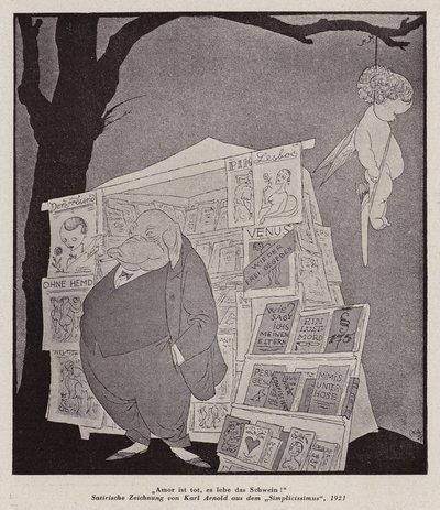 Cupido pendurado numa árvore por cima de um quiosque de rua que vende pornografia (litografia) de Karl Arnold