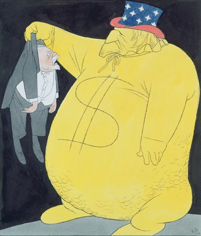 O Tio Sam como um saco de dólares com Poincare (aguarela, caneta e tinta da China sobre papel) de Karl Arnold