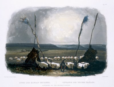 Oferta dos índios Mandan, placa 14 do Volume 1 de "Viagens no Interior da América do Norte", gravada por Sigismond Himely (1801-72) 1843 (aquatint) de Karl Bodmer