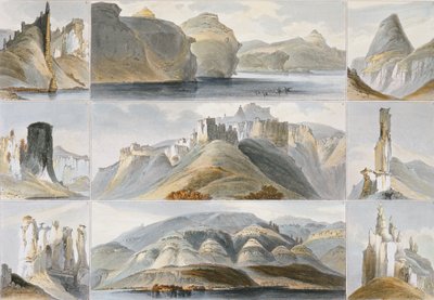 Colinas Notáveis no Alto Missouri, placa 34 do Volume 2 de &39;Viagens no Interior da América do Norte&39;, gravada por Friedrich Salathe (1793-1858) 1844 (aquatint) de Karl Bodmer