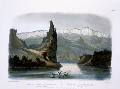 A rocha da cidadela no Missouri superior, placa 18 do volume 1 de &39;viagens no interior da América do Norte&39;, gravada por Carl Vogel (1816-51) 1843 (aquatint) de Karl Bodmer