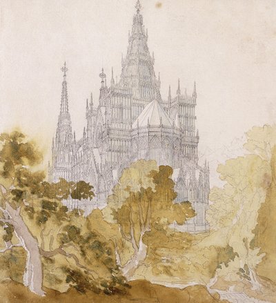 Um Cathederal gótico perto de Bauman; Uma catedral gótica atrás de Baumen, 1814-15 de Karl Friedrich Schinkel