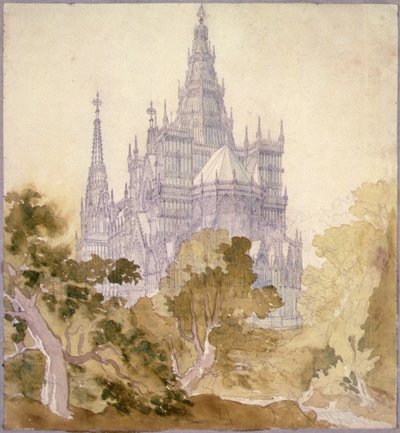Uma paisagem arborizada com uma igreja gótica (lápis, tinta e aquarela) de Karl Friedrich Schinkel