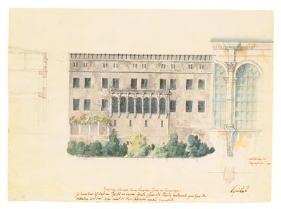 Um projeto para uma nova escada para a fachada norte do Schloss em Stettin, com um estudo subsidiário da loggia, um corte transversal da fachada e uma pilastra envolvida, c.1840 (lápis, caneta e tinta e de Karl Friedrich Schinkel
