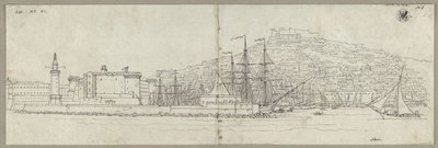 Vista de Nápoles com o porto, o Castel Nuovo, o farol e o Castel Sant