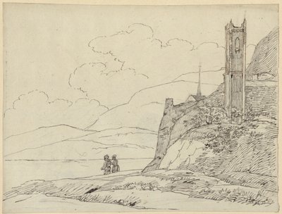Paisagem montanhosa com ruínas de torre e figuras de Karl Friedrich Schinkel
