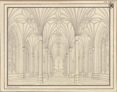 Berlim, Spittelmarkt. Projecto para a igreja de Santa Gertrudes. Vista interior, através da nave em direcção ao coro de Karl Friedrich Schinkel