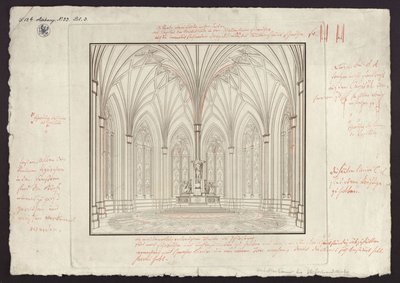 Berlim, Spittelmarkt. Projecto para a igreja de Santa Gertrudes. Vista interior do coro, com correcções de Karl Friedrich Schinkel