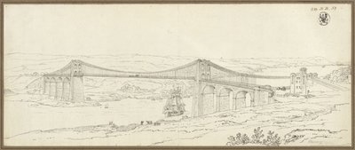 Vista da ponte suspensa sobre o estreito de Menai, perto de Bangor, no País de Gales de Karl Friedrich Schinkel