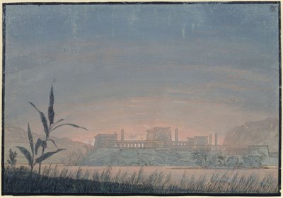A Flauta Mágica. Ópera de Wolfgang Amadeus Mozart. Esboço para o 10.º cenário. Paisagem com o castelo de Sarastro de Karl Friedrich Schinkel