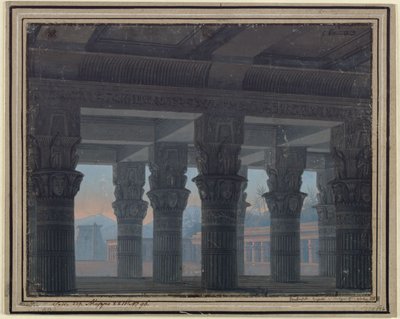 A Flauta Mágica. Ópera de Wolfgang Amadeus Mozart. Estudo para o 8.º cenário. Vestíbulo do labirinto de Karl Friedrich Schinkel