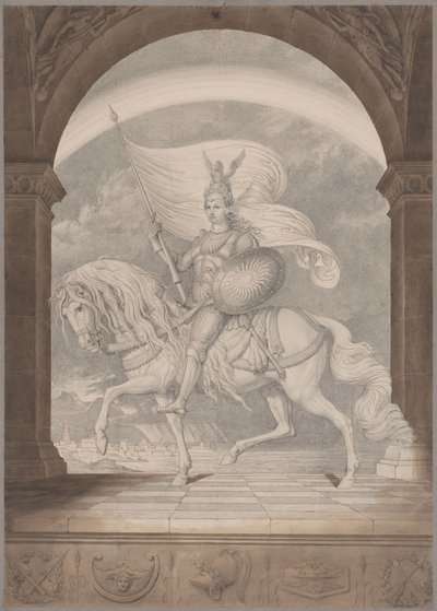 Um cavaleiro a cavalo em armadura completa / O génio da Prússia como cavaleiro de Karl Friedrich Schinkel