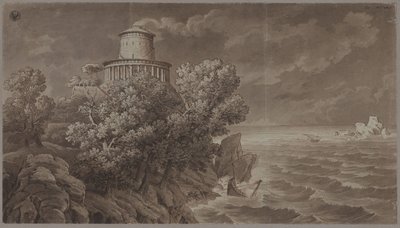 Costa marítima rochosa com um farol de estilo antigo em mar agitado de Karl Friedrich Schinkel